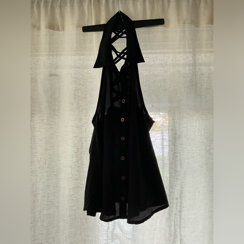Forever 21 Collared Button-up Cutout Top, Size: S/P, Black w/ Gold Buttons